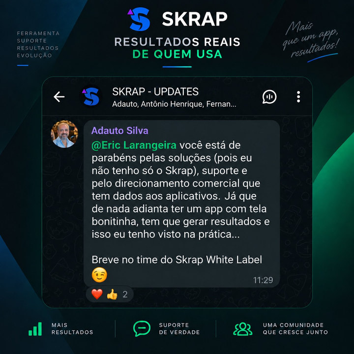 Adauto Silva, no grupo de clientes do Skrap: “Você está de parabéns pelas soluções, suporte e pelo direcionamento comercial que tem dado aos aplicativos. Já que de nada adianta ter um app com tela bonitinha, tem que gerar resultados e isso eu tenho visto na prática.”