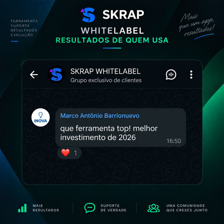 Marco Antônio Barrionuevo, no grupo de clientes do Skrap: “Que ferramenta top! Melhor investimento de 2026.”