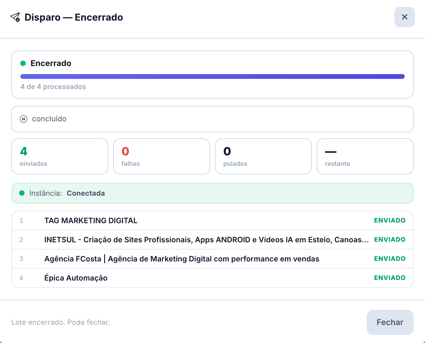 Acompanhamento do disparo automático, lead por lead